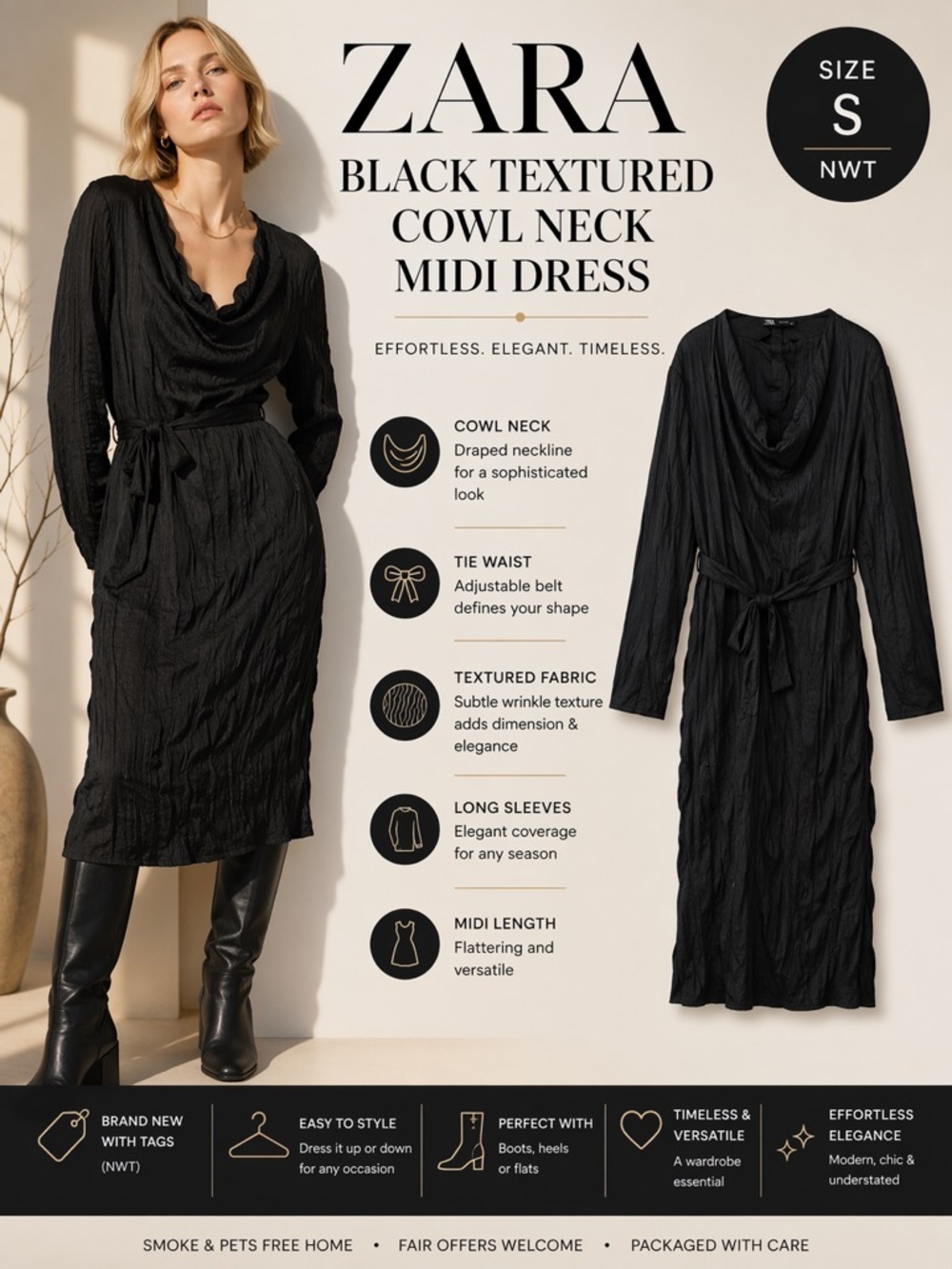 ZARA Black Textured Cowl Neck Midi Dress NWT Size S